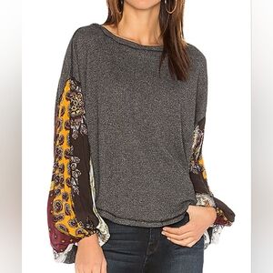 Free People We the Free Blossom Grey Bandana Thermal Top Sweater Size Small